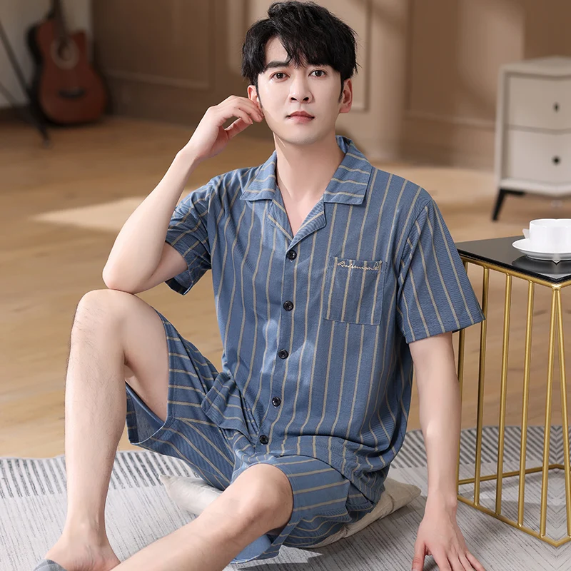 

Summer 100%Cotton Men Pajamas Set Striped Pijamas Turn-down Collar Men's Short Sleeve Pyjamas Loose Plus Size 4XL Male Sleepwear