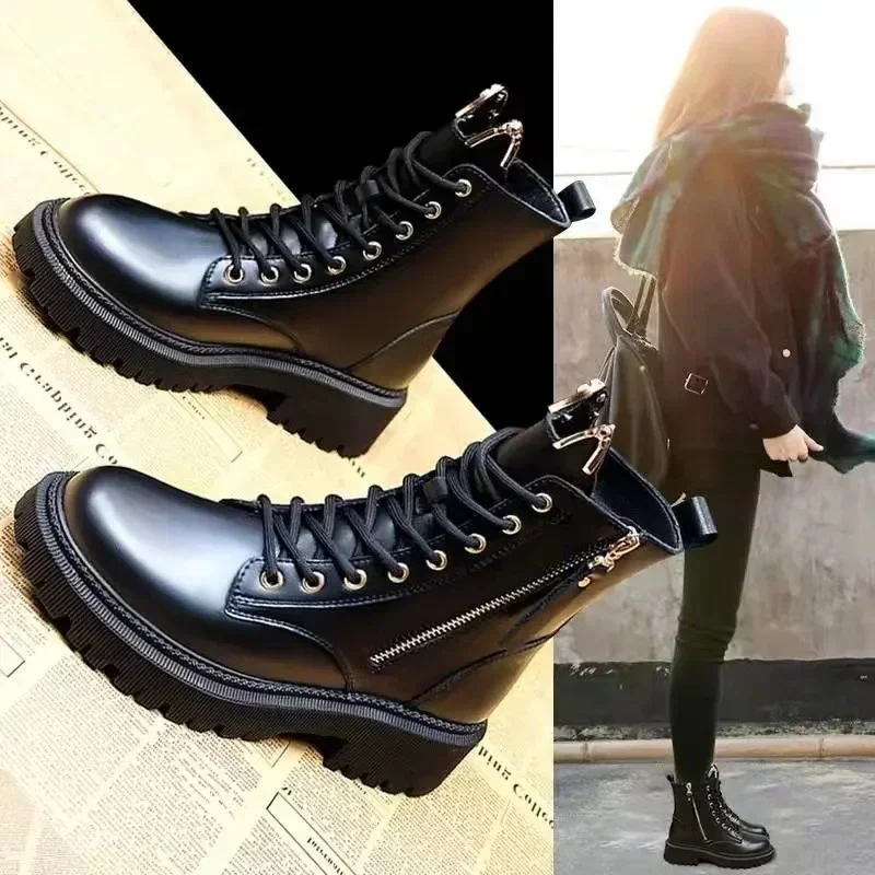 2023 Trend Women\'s Pu Leather Ankle Boots Autumn Winter Round Toe Lace Up Shoes Woman Classic Fashion Motorcycle Platform Botas