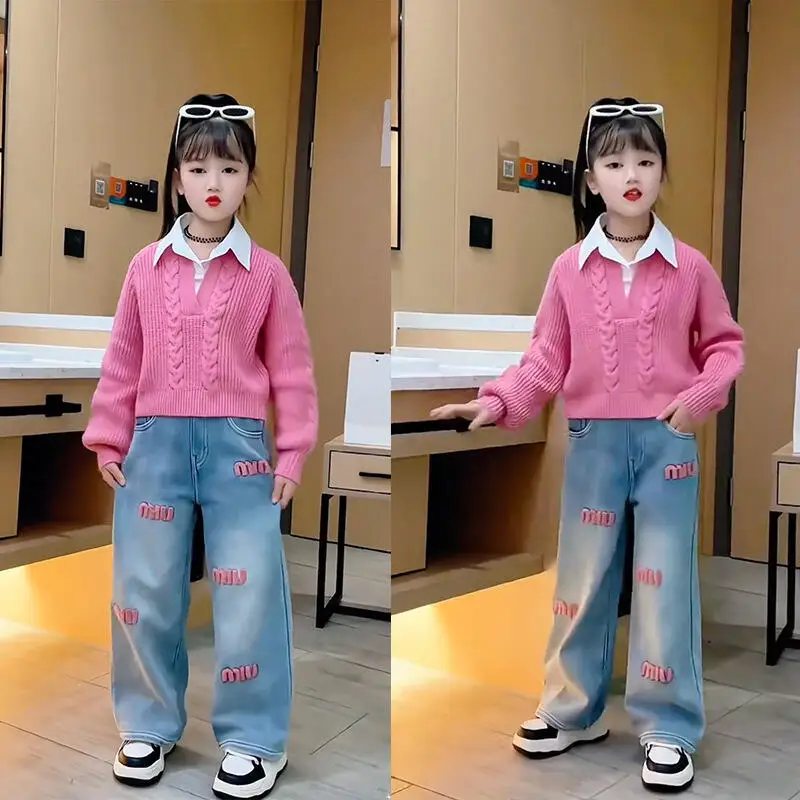 

Kawaii Girl Jeans Fashion Student Spring and Autumn Anime Casual Elastic Waist Straight Cut Wide-Leg Jeans Children's Clothing