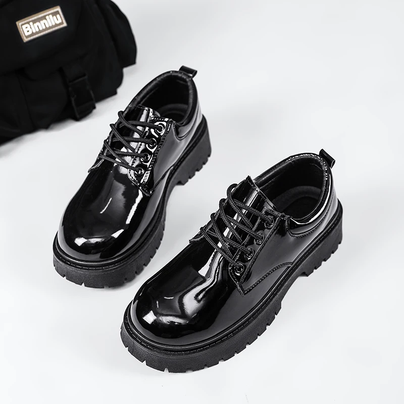 Patent Leather Black Men‘s Casual Shoes Platform Lace Up Business Shoes Office Work Shoes Party Wedding Formal Dress Footwear