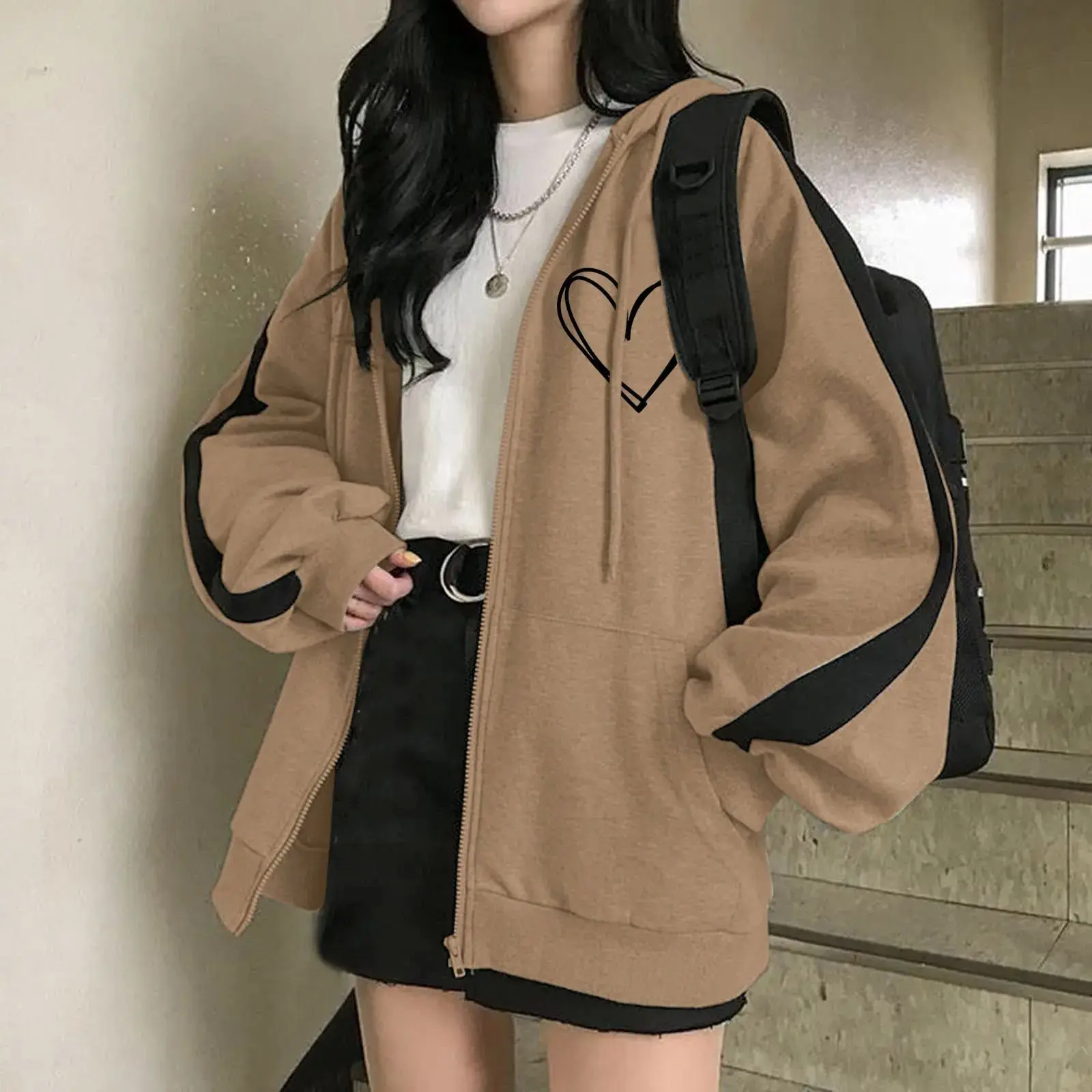 

Женская негабаритная однотонная толстовка с капюшоном на молнии, 2023, модная удобная повседневная одежда для женщин