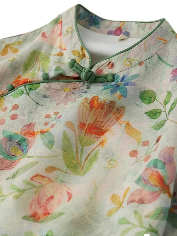 ชุดกี่เพ้าสไตล์จีนแบบใหม่ คอตั้ง ติดกระดุม ผ้าลินินพิมพ์ลายดอกไม้ ทรงวินเทจ หลวม ยาวปานกลาง ผ้าคอตตอนผสม ทรงเอ