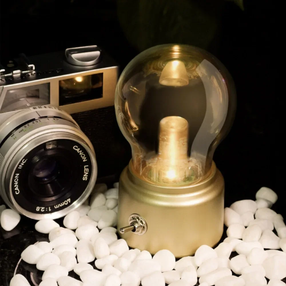 Creative USB Rechargeable Retro Bulb Lamp - LED Eye-Caring Desk Light Metal & Glass Ambient Night Light for Bar & Bedroom
