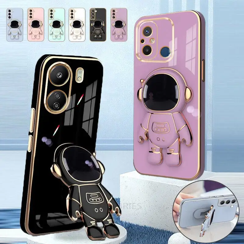 Redmi13c Astronaut Holder Luxury Plating Case On For Xiaomi Redmi 13c 12c 12 10 10a 10c 4g A1 A2 Plus 9a 9c Silicone Stand Cover