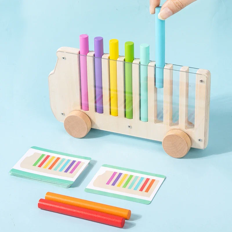 Jeu de tri des couleurs en bois, jouets en forme de Bus pour insérer des bâtons multicolores, chariot mobile avec 20 cartes de Cognition des couleurs