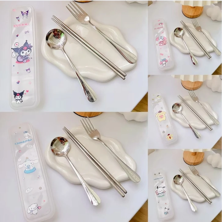 Sanrio Spoon Fork Chopsticks 3 Piece Set Cute Kuromi Pompompurin Hello Kitty Stainless Steel Child Tableware Kitchen Supplies