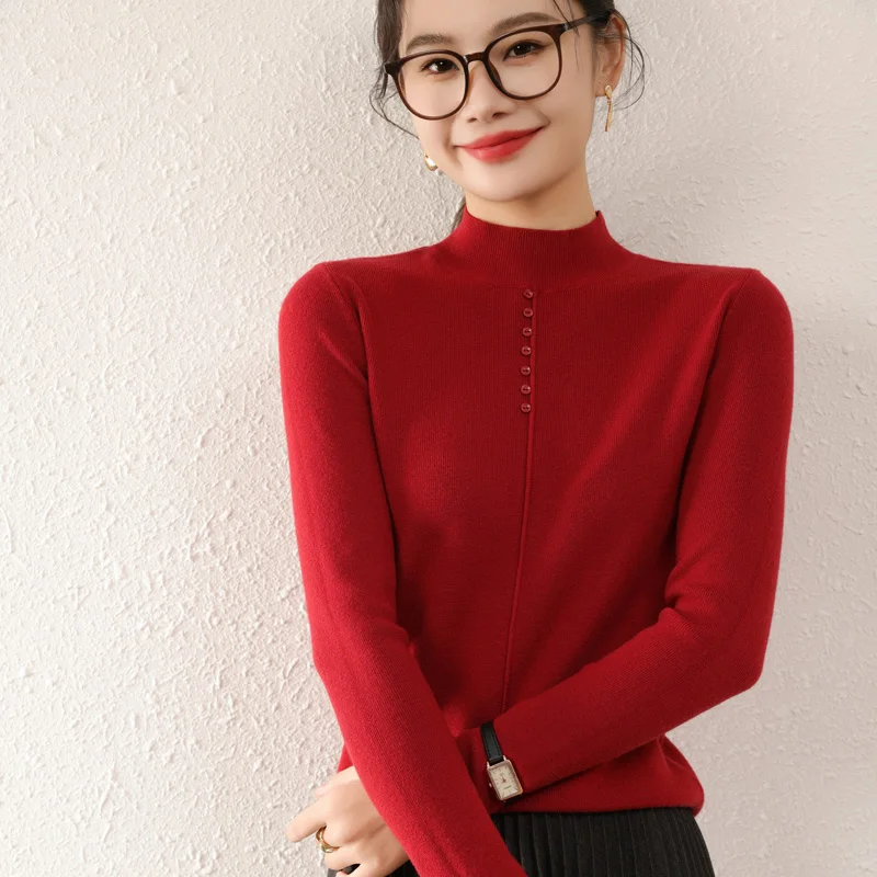 

Autumn/Winter New Wool Blend Sweater Women's Close Fitting Comfort Knitted Base Tops Female Half Turtleneck Solid Warm Pullover