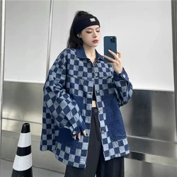 2023 Spring New Plaid Denim Coats Women High Street Hip Hop Turn Down Collar Long Sleeve Oversized Jackets Couples