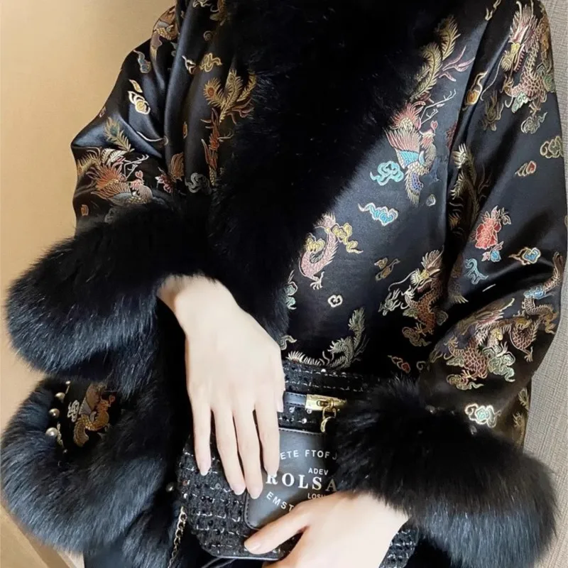 Cape imitation fur coat women's Chinese style beaded