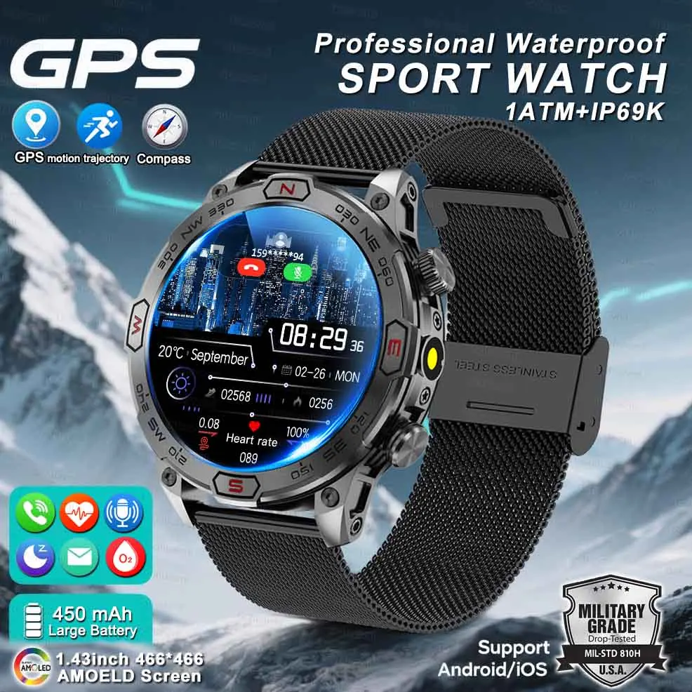 

2025New Smart Watch AMOLED Screen GPS Sport Fitness Waterproof LED Lights Compass HD Call Call Smartwatch For Huawei Xiaomi iOS