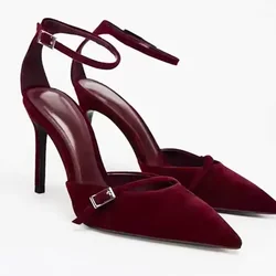 Suede Sexy Thin High Heels Sandals Women Ankle Strap Elegant Wedding Shoe Brand Design Pointed Toe Pumps Party Dress Shoes Women