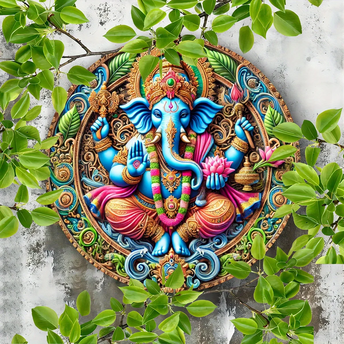 Ganesha Wall Decor Plaque - Iron Foil Engraved Bohemian Art for Home, Kitchen, Farmhouse - Hindu Elephant God Ganesh Emblem Sign