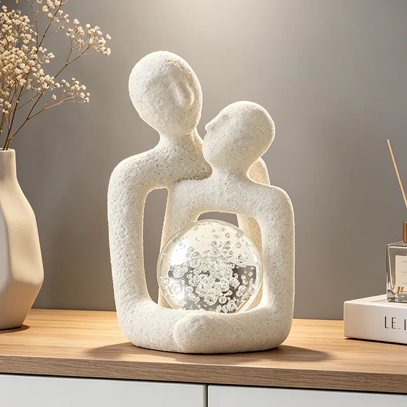 Nordic Resin Couple Holding Crystal Ball Sculpture Ornaments Living Room Bedroom Homestay Desktop Statue Valentine’s Day Gift