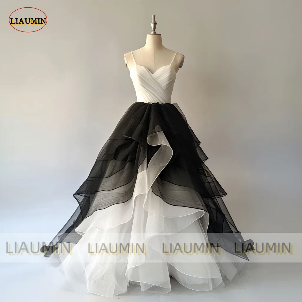 White Black Tulle Strap Evening Prom Dress A Line Full Length Formal Occasion Party Lace Up Hand Made Custom Size Color A1-12.3