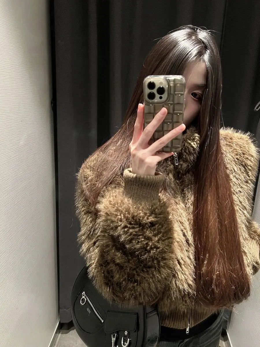 Casaco de pele com zíper e gola alta minimalista feminino, jaqueta fofa, top quente engrossado aconchegante de inverno