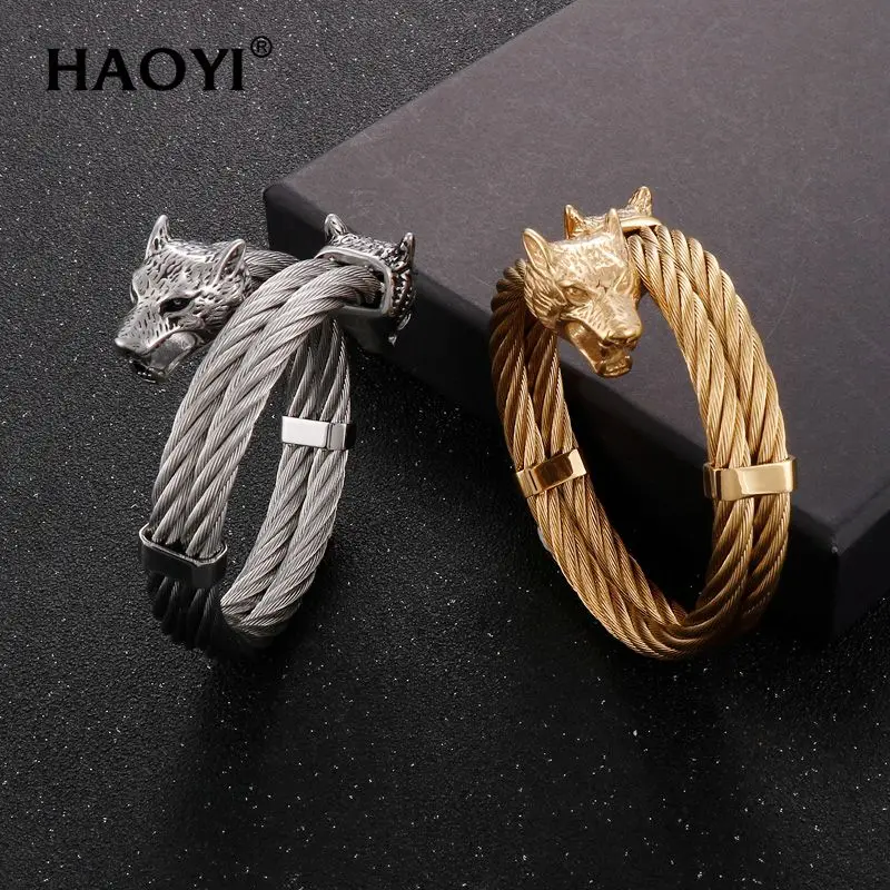 Double Twist Male Wolf Heads Bangles Bracelets Personality Punk Animal Stainless Steel Jewelry For Men Christmas Gift