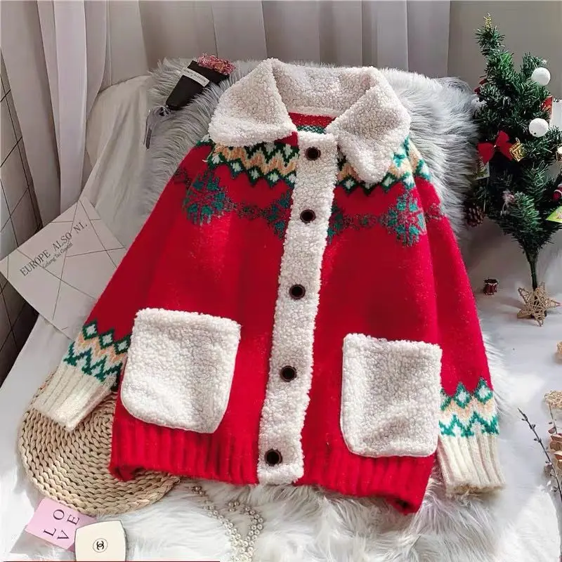 Christmas Knitted Sweater Female 2024 New Year Embroidery Sweater Large Thickened Warm Knitted Long Sleeved Cardigan Sweater