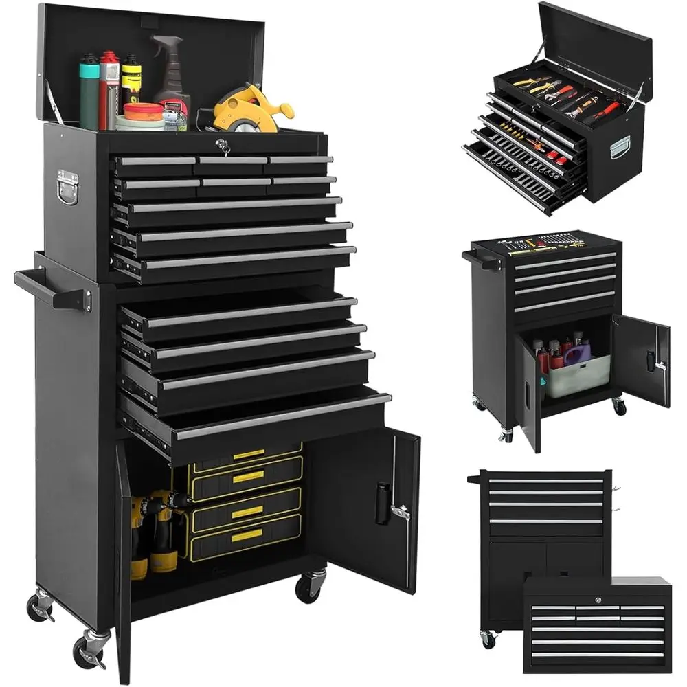

Двухдверный передвижной ящик для инструментов с замком, съемный металлический шкаф на колесах для гаража, дома и склада (черный)