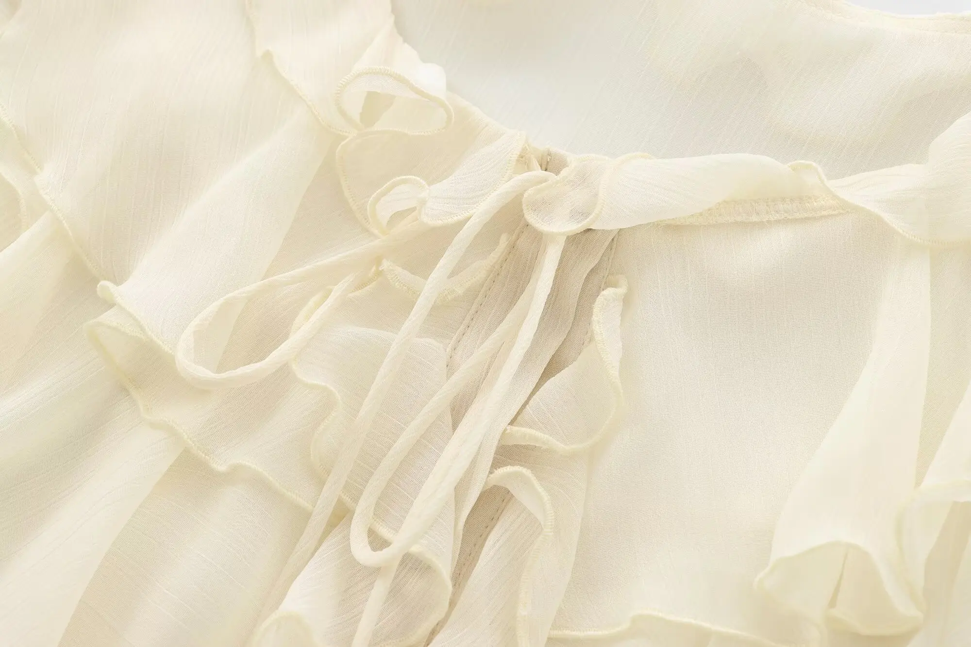 ETJ 2025  Spring New women's Sweet gentle fashion ruffled layered sexy translucent long-sleeved lace-up shirt