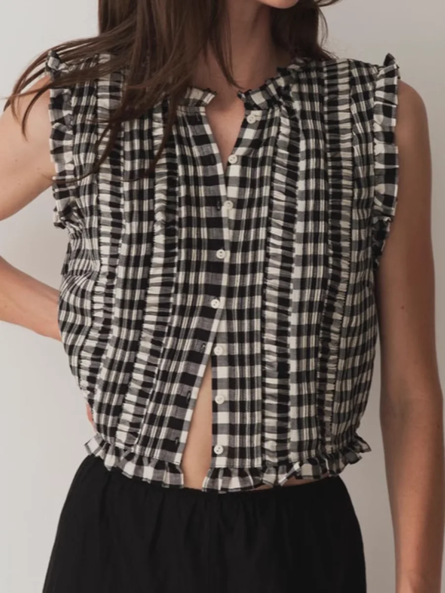 

Plaid Print Women Ruffles Stitching Blouse Ruffled Collar Single Breasted Sleeveless Fashion Casual Vest Shirt
