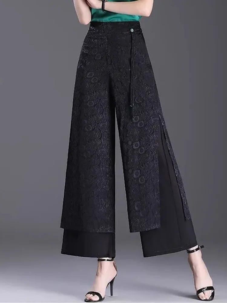 Split Jacquard Design Wide Leg Pants Women Casual High Waist Baggy Straight Pantalones Spring Fall Loose Ankle Length Calca New