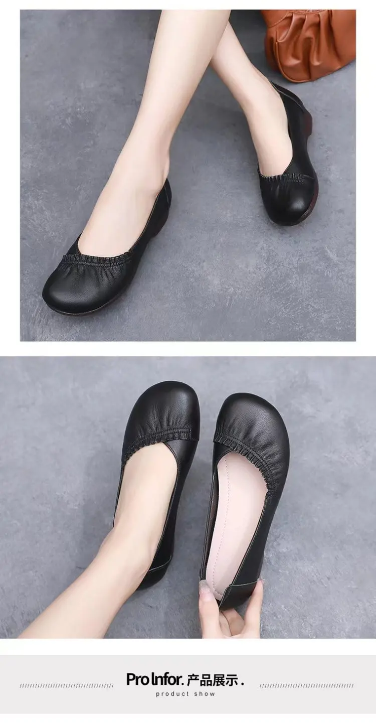 Elegante Damen-Ballerinas aus Leder mit Raffung, Bequeme Flache Slip-on Schuhe, Lässige Büro-Flats für Damen – Detail 5