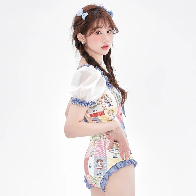 wisuwore Korean Swimming Suit for Women One Piece Fashion Little Fresh Swimsuit Triangle Cartoon Printed Student Beach Swimwear