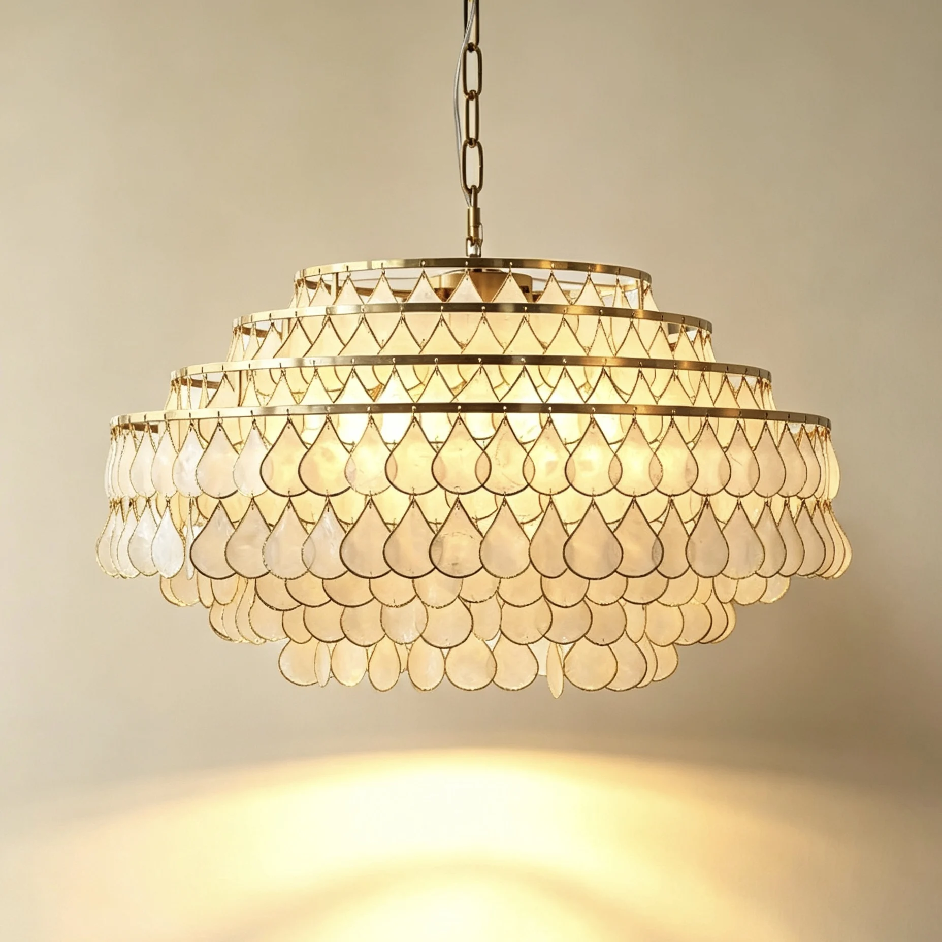 French Luxury Copper-Edged Shell Chandelier, Vintage High-End Style, Lamp for Living Room Study Dining Room Bedroom