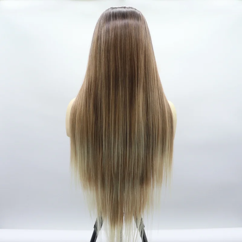 European and American style women's wig with middle parting, mixed color long straight hair, hand-crafted front lace, matte high