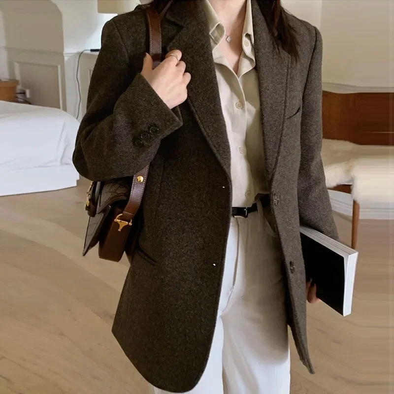 UNXX 2023 Spring Autumn New Style Women\'s Dark Brown Woolen Suit Jacket Fashionable Retro Textured Small