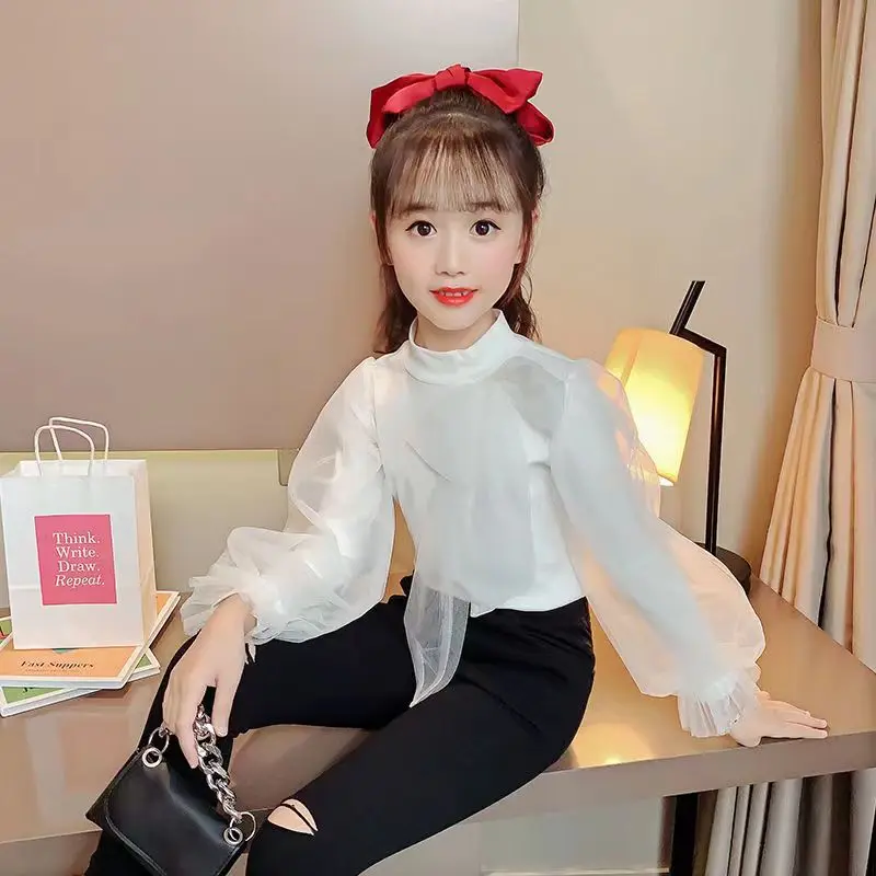 

Girls' Bubble Sleeve Bottom Shirt Spring New Children's Fashion Bow Princess Top Korean Version Girls' White T Long Sleeve