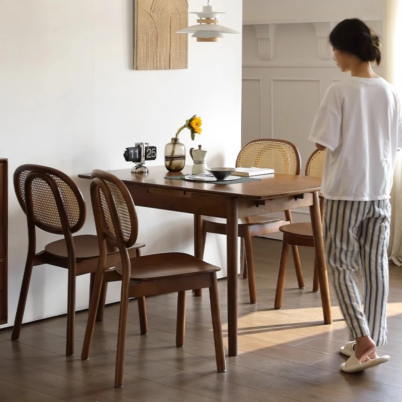 Middle Ancient Style Backrest Dining Chair,Solid Wood Rattan Chair,French Makeup Stool,Vintage Homestay Restaurant Rattan Chair