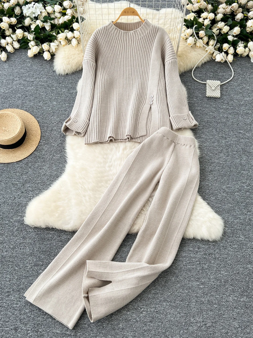 Croysier Pants Sets 2024 Autumn Winter Cozy Casual Knit Set Sweater Pullover And Side Vents High Waist Trousers Two Piece Set