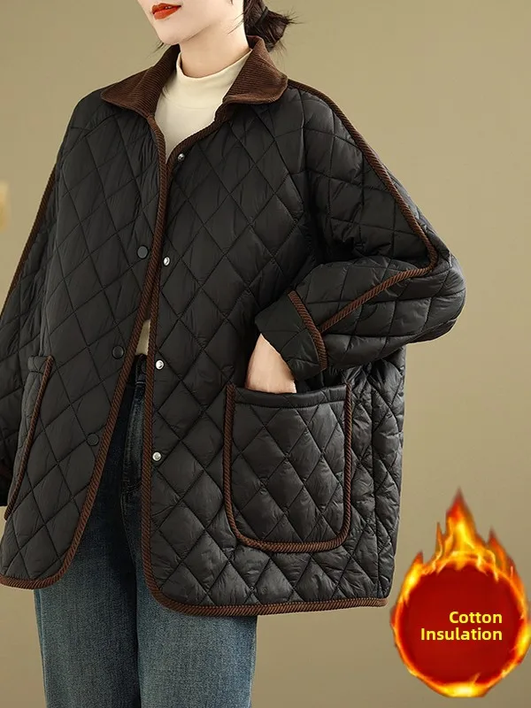 

Женское зимнее новое универсальное ретро мягкое молочно-белое пальто с ромбовидной строчкой из хлопка, корейское длинное пальто свободного покроя