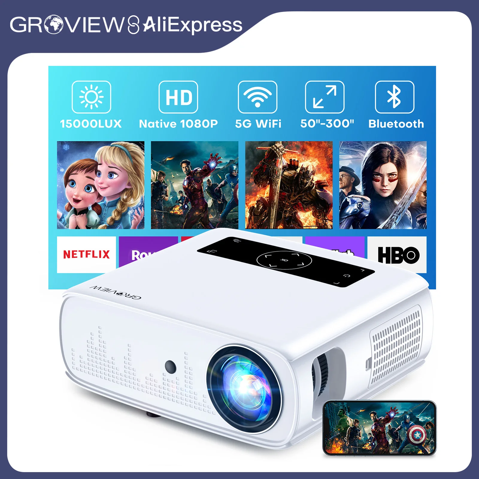 GROVIEW-proyector 1080P, 15000 Lux, 490 ANSI, WiFi/Bluetooth, pantalla de 300 ", soporte 4K, Zoom, sincronización 5G, HDMI/USB/AV/Smartphone