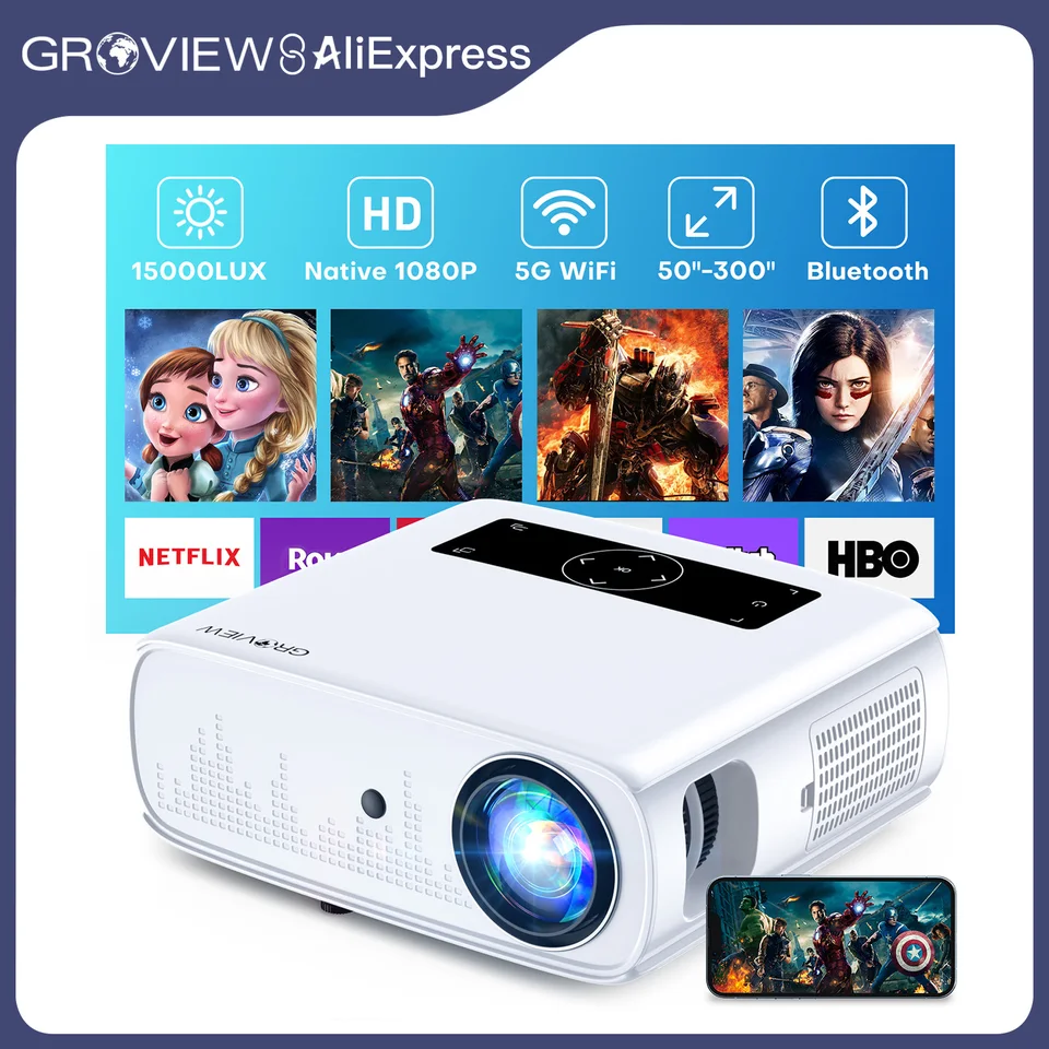 GROVIEW 1080P Projector, 15000 Lux, 490 ANSI, WiFi/Bluetooth, 300