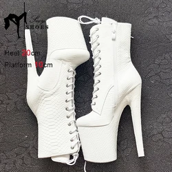 20CM Ankle Boots White Python Pattern Women High Heels Side Zipper Lace-up Thick Platform Short Boots Round toe Women Shoes