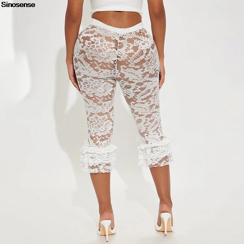 Kobiety Seksowne Kwiatowe Koronkowe Przezroczyste Siatkowe Spodnie Ruffle Rozciągliwe Rajstopy Długość do kolan Capri Pant Y2K Night Out Club Party Pants