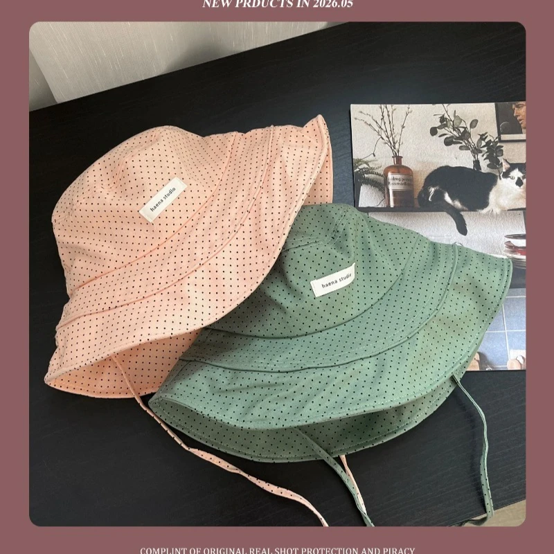 2026 New Polka Dot Strappy Large Brimmed Bucket Hat Korean Version Women's Summer Vacation Sunshade Foldable Sun cap 3