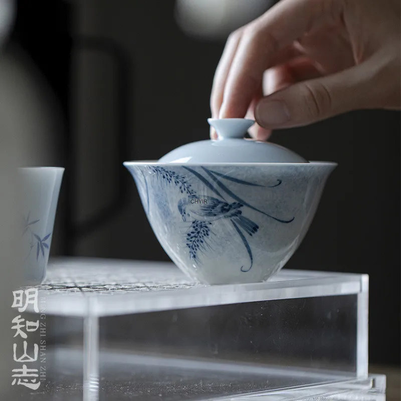 

Knowing the Mountains: Clear Mountain Blue Orioles Singing and Swallows Dancing, Hidden Lid Bowl, Hand-painted Flower and Bird