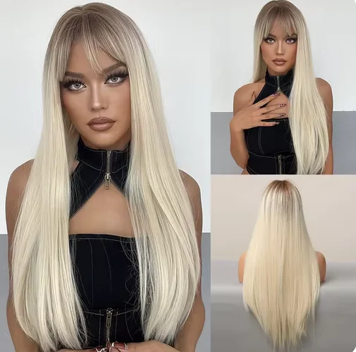 

Platinum Ombre Synthetic Wigs Cosplay Silky Long Straight Wig with Bangs Dark Root Party Hair Wig for Women Heat Resistant Fiber