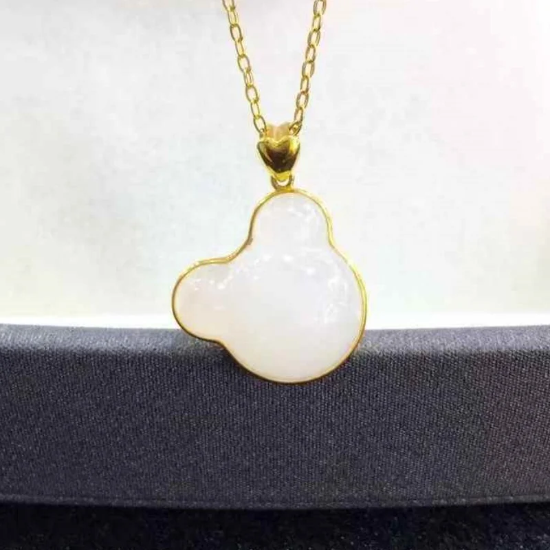 SGARIT Authentic Jadeite Hetian Jade 15*16mm White Mickey Pendant 18K Gold Setting Fine Oily Clean Texture Fine Wearing Effect
