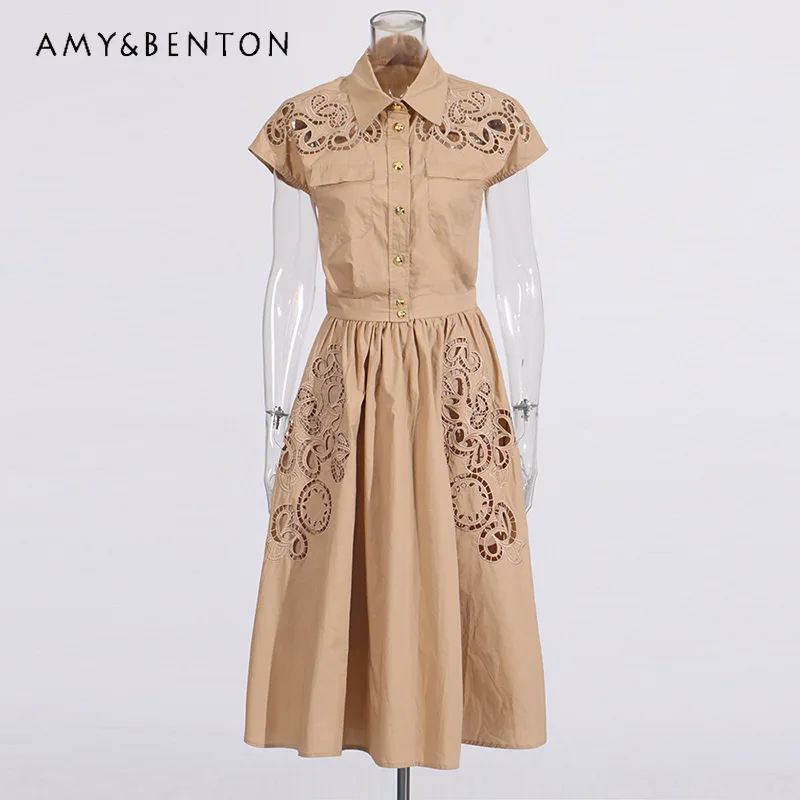 

French Retro Design Women's Clothing 2026 New Lapel Short-sleeved Single-breasted Top Embroidered Hollow Out Skirt Suits Ladies
