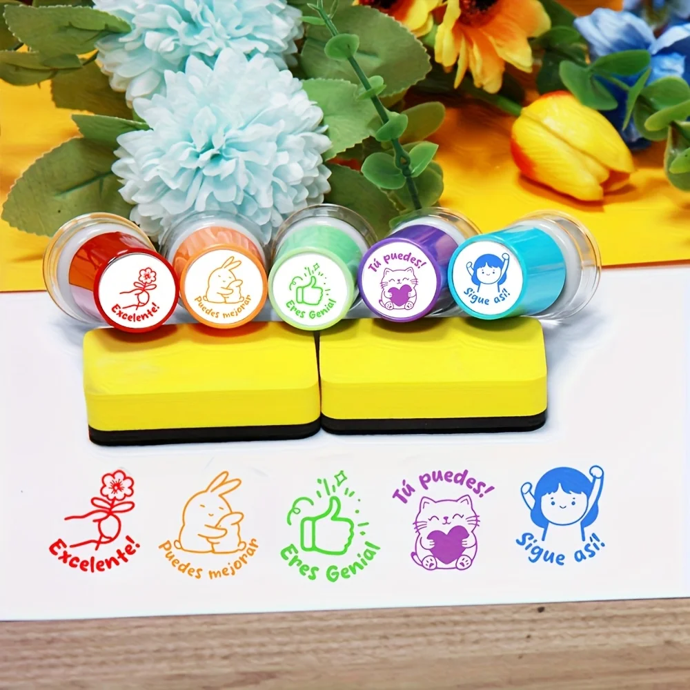 5 Spanish motivational teacher feedback stamp sets, automatic ink homework grading stamps