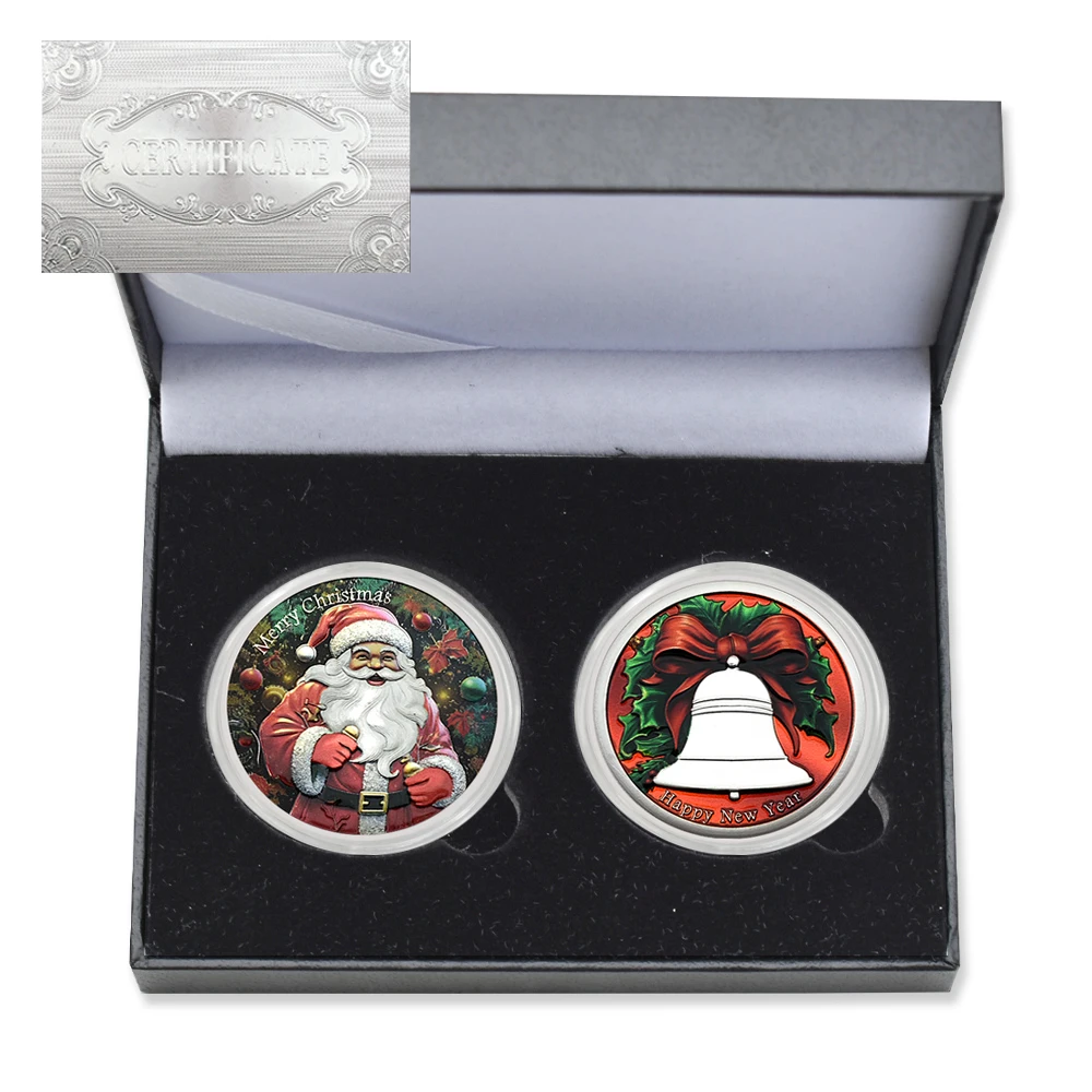 

2pc/Box Christmas Commemorative Coin Santa Bell Metal 3D Craft Crystal Challenge Coin Collectible New Year Gift