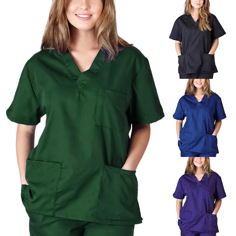 1 stücke Männer Frauen Waschbar Wiederverwendbare Bluse Pflege Uniform V-ausschnitt Peeling Tops Mit Tasche Kurzarm Krankenschwester Zubehör Arbeitskleidung