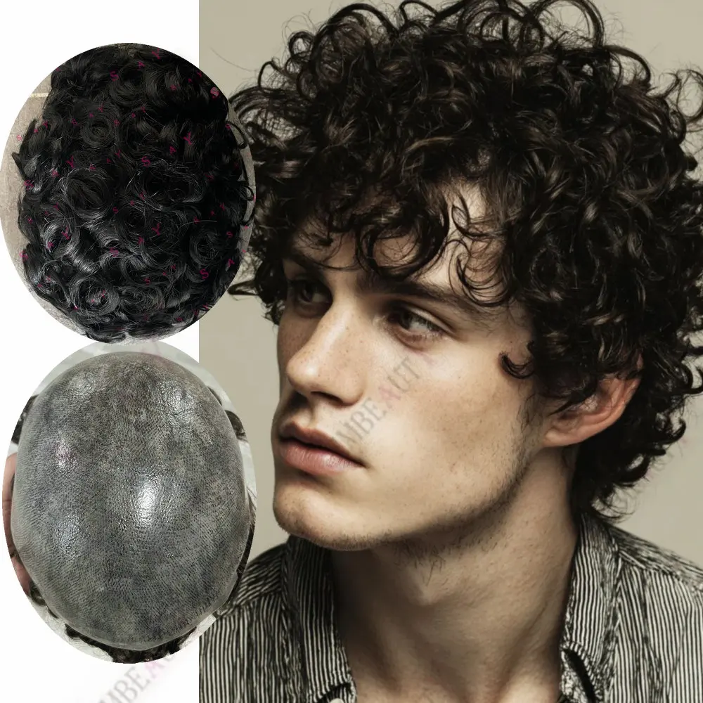 

Мужской парик 25 мм с кудрявыми волосами, на тонкой кожаной основе, из натуральных человеческих волос, коричневый, черный, серый (на выбор), сверхпрочный протез, система Natural Frontline