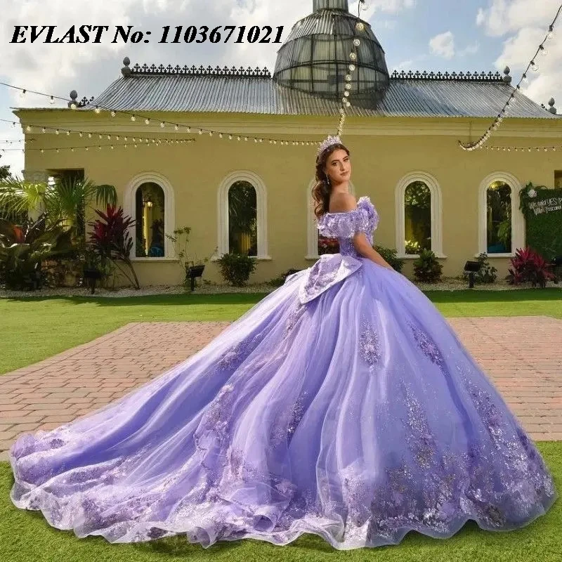 Блестящее сиреневое бальное платье EVLAST, платье для Quinceanera, цветочное кружево, аппликация, бисер, бант, Мексиканский корсет, милое 16 Vestidos De Anos SQ396