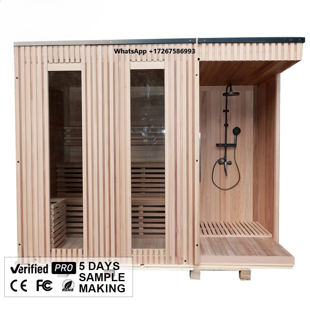 Modern Design Red Cedar Outdoor Sauna Room with Comfortable Benches Shower Water-Resistant Roof Low Price for Home Villa Use