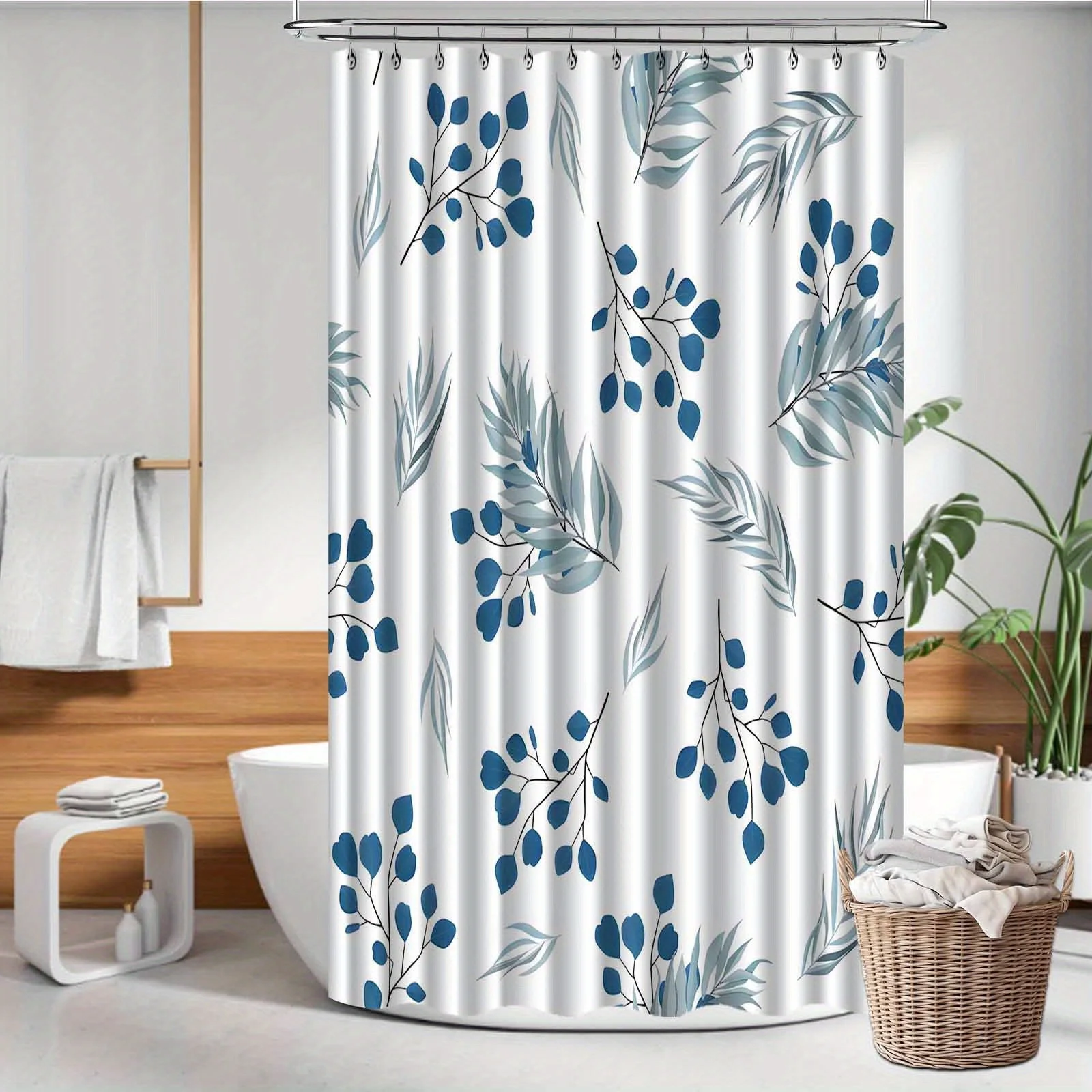 JIT1pcs Small Fresh Blue Leaf Plant Pattern Shower Curtain, High-end Elegant Bathroom Curtain Shower Curtain, Shower Curtain Hom